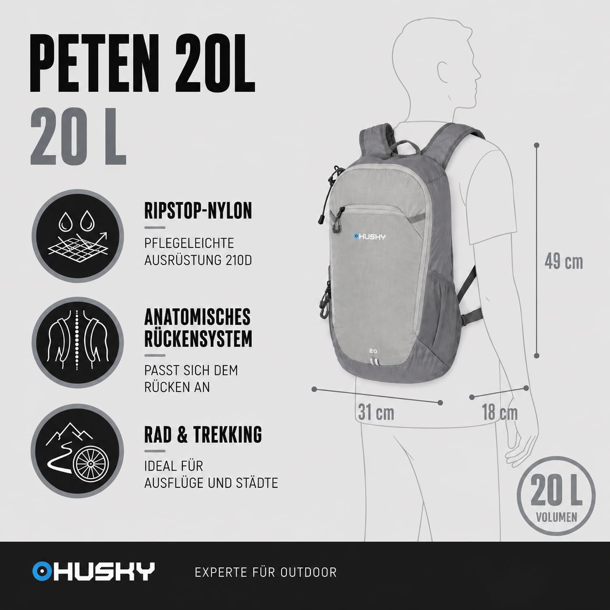 Husky Zaino da bicicletta da 20 l, leggero, robusto e impermeabile, con molto spazio, sistema di comfort e copertura antipioggia per ciclismo, trekking, escursionismo e viaggi