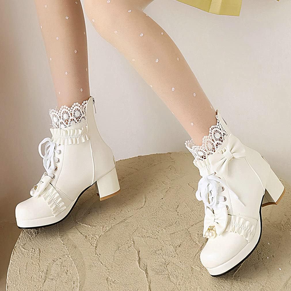 Meefit Women Platform Boots Lace Up Chunky Heel Ankle Boots with Bow Cosplay Winter Shoes - Image 2