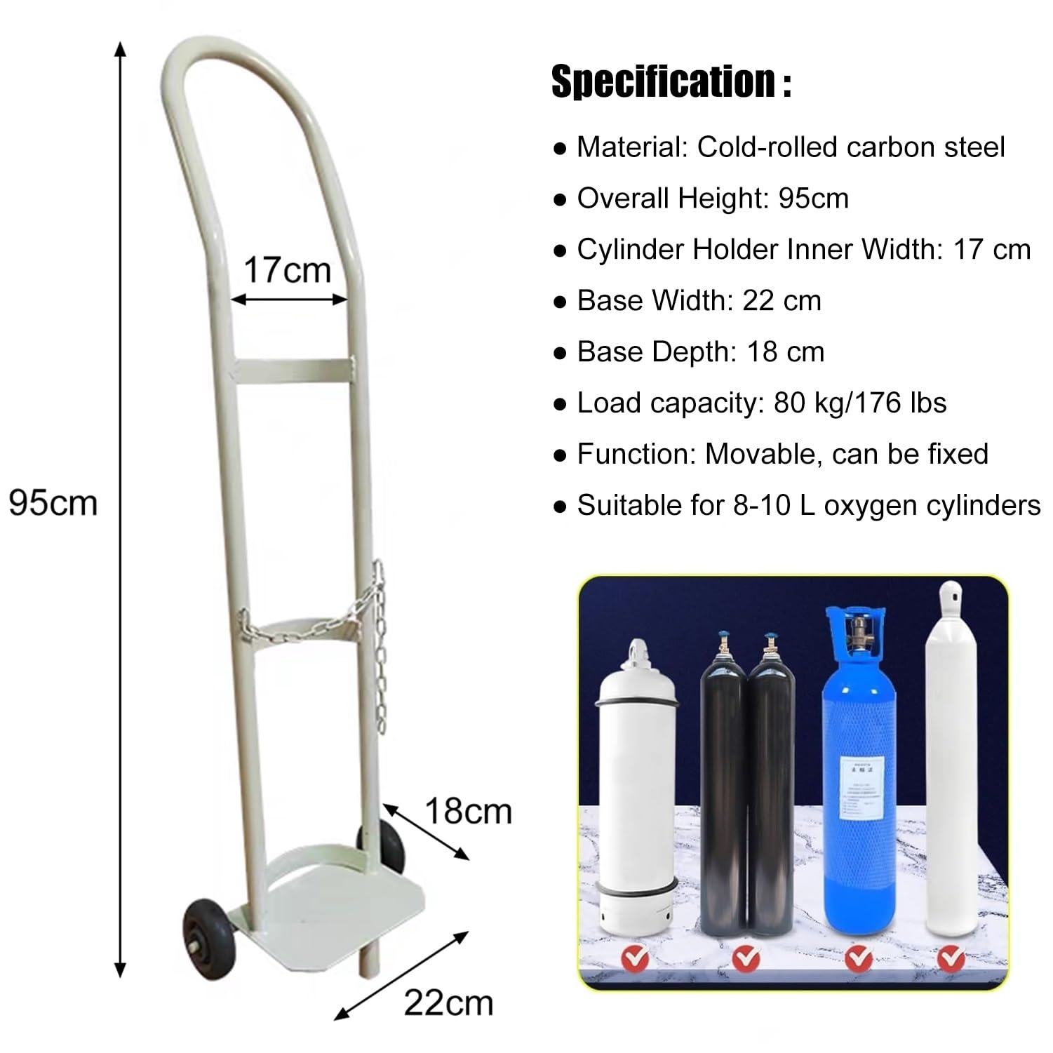 Generico Carrello Portatile per bombole di Ossigeno, Carrello a 2 Ruote in Acciaio per bombole di Gas per Uso ospedaliero, clinico e casa di Cura (Bianco, Altezza 95 cm)