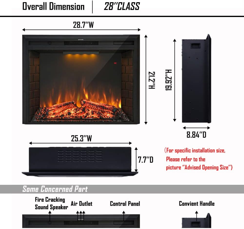 Diagram showing the advised opening size for installation of the 28-inch electric fireplace insert, with specific width and height ranges.