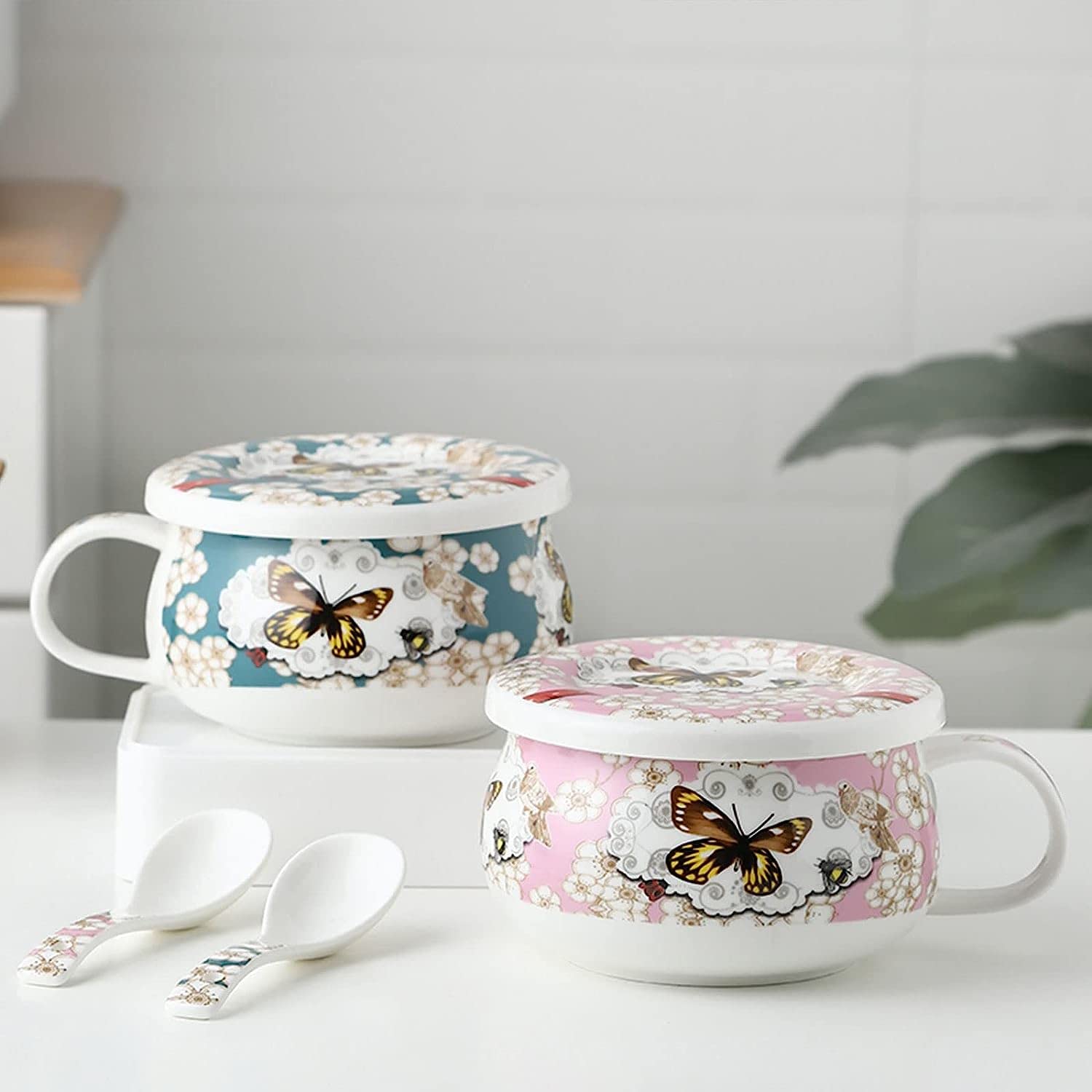 Ceramiczne miski do zupy 680 ml z pokrywką akademika, miska mikrofalówki, ramenu – różowe