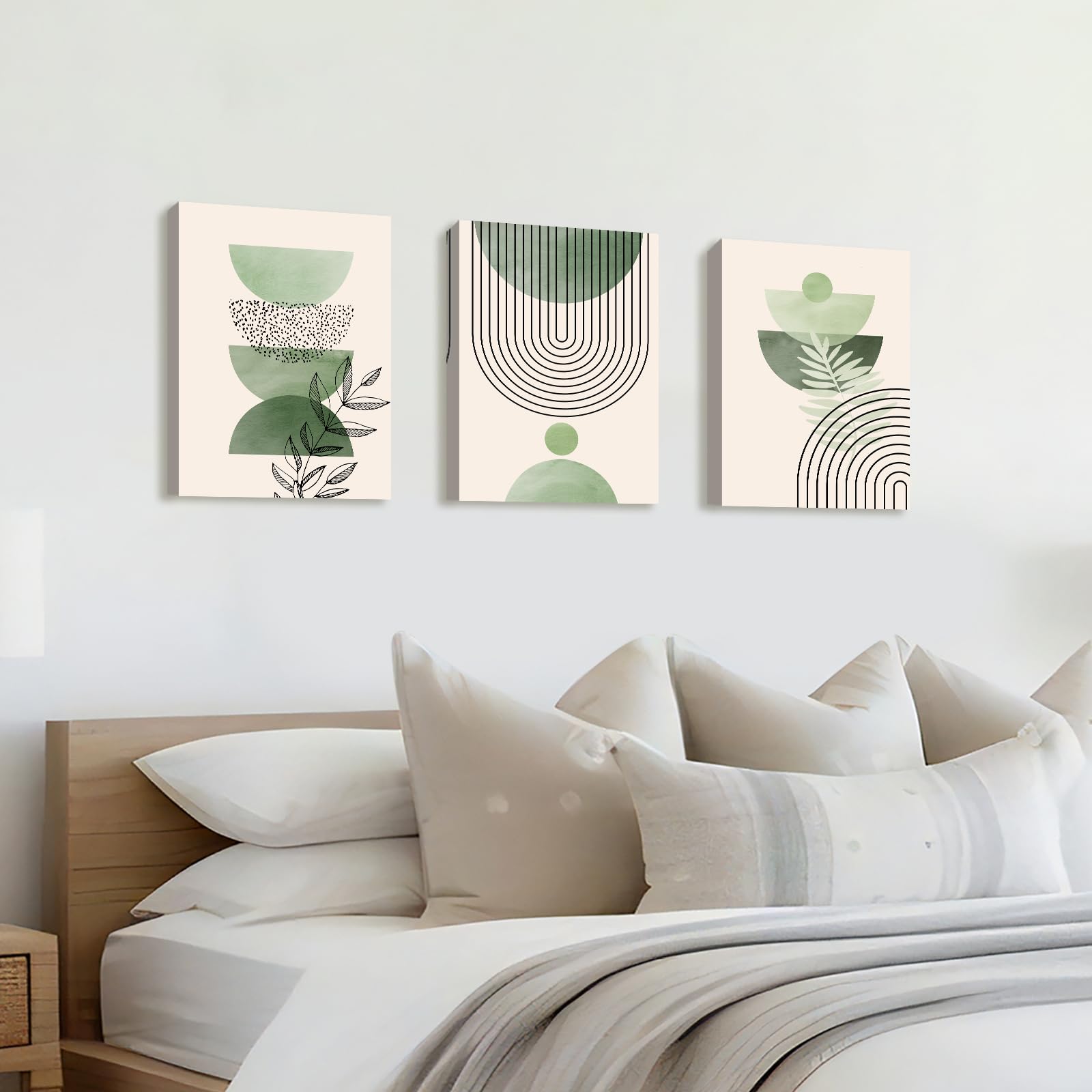 3 Pcs Wooden Framed Canvas Wall Art Set Bohemian Sage Green Canvas Prints Poster Geometric Line Beige Green Pictures for Living Room Bedroom Dinning Room Hallway Stairs Wall Decor 30x40cm x3pcs — view 105