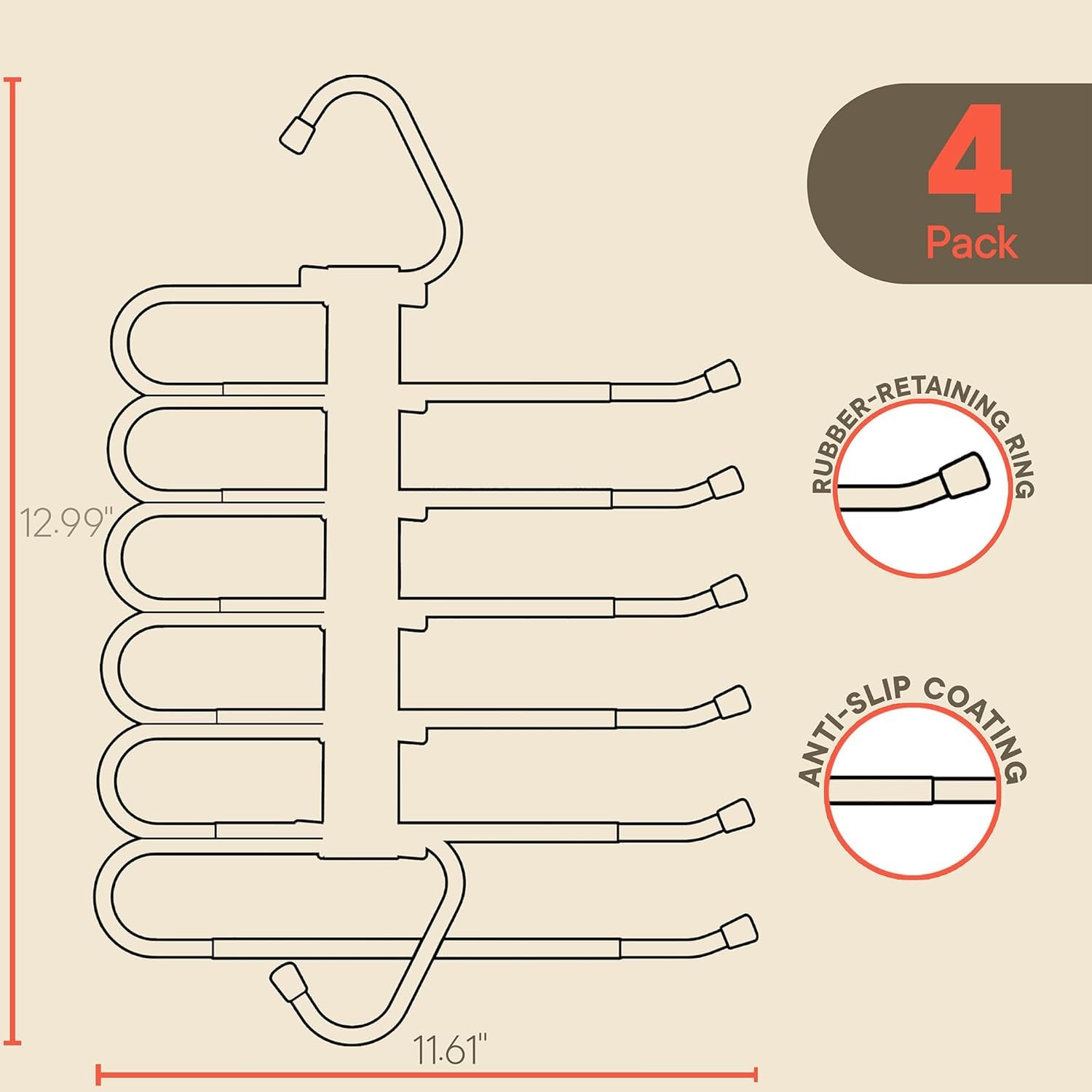 Campior Grucce salvaspazio per pantaloni, confezione da 4 grucce per jeans a 6 strati e organizer per jeans, sciarpe e gonne, appendiabiti multistrato con tappo antiscivolo, in acciaio inox resistente