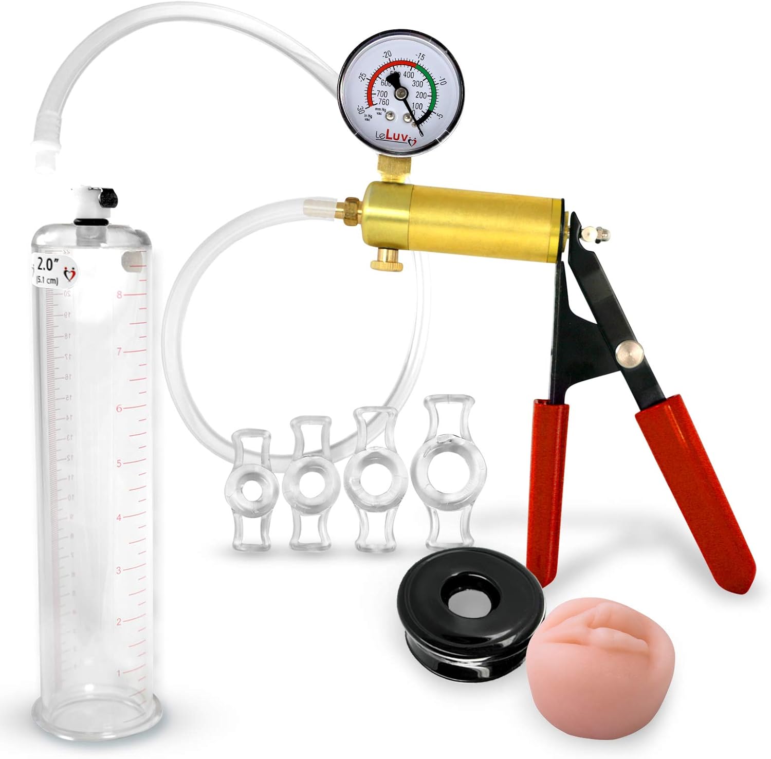 LeLuv Ultima Brass Penis Pump Kit, Red w/Rubber Grips, Clear Hose + Gauge - TPR Seal, Donut, 4 Constriction Rings - 9" x 2.00" Cylinder