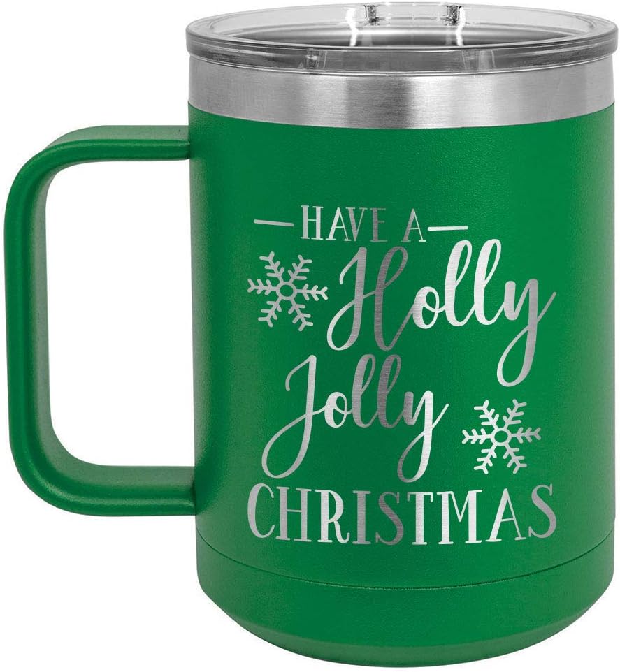 HAVE A HOLLY JOLLY CHIRSTMAS Red 15 oz Coffee Cup w/Slide Top Lid | Insulated Travel Coffee Mug | Fun Christmas Designs and Gift Ideas From Women or Men | Compare To Yeti Rambler | ONLYGIFTS.COM