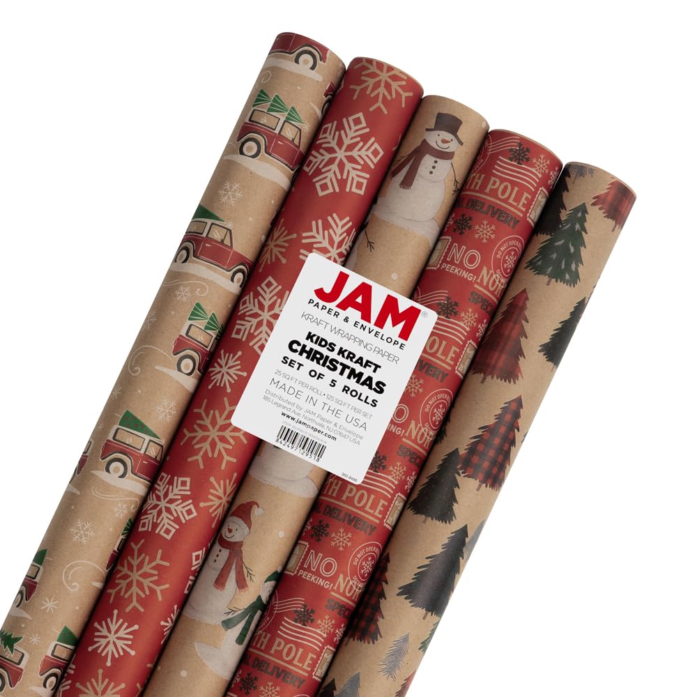 JAM Paper Geschenkpapier, Weihnachtsgeschenkpapier, Kraftpapier, insgesamt 125 m², 5 Rollen/Packung