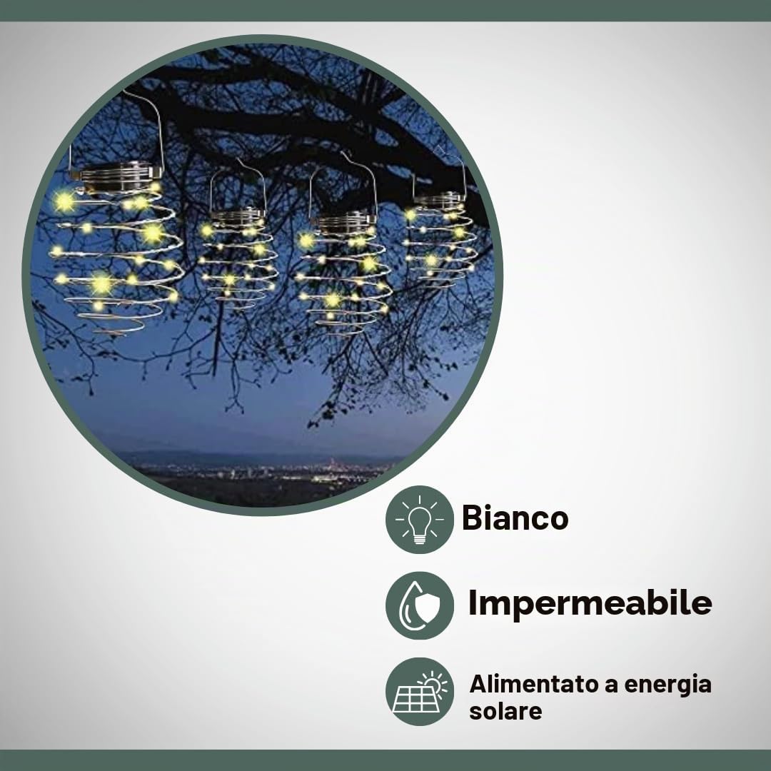 Garden Mile 4x Luci LED Solari a Spirale Illuminazione per Esterni Set di 4 Lanterne da Appendere per Giardino Luci Bianche Calde Luci a Spirale in Rame da Appendere Decorazione Autunnale per Esterni