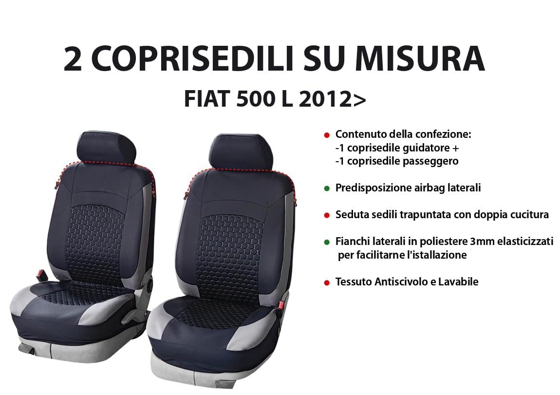 Set Coprisedili Auto Anteriori 2 Pezzi per FIAT 500 L dal 2012 - Fianchi elasticizzati, Tessuto Antiscivolo Trapuntato in Poliestere, Lavabile, Alta Qualità - OFFICINE MILANO