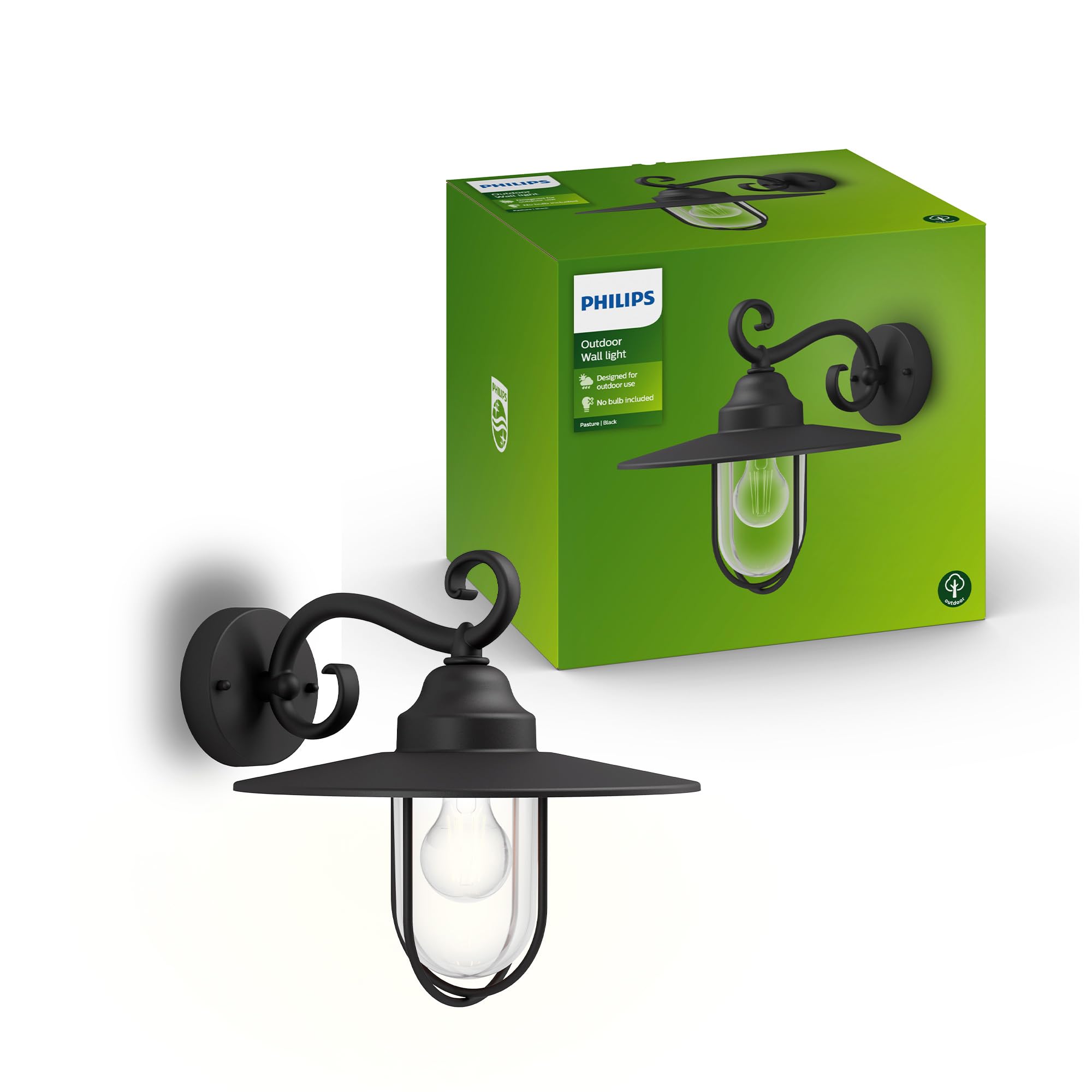 Philips Pasture Applique LED, Lampada da Esterno, Resistente a Intemperie IP44, Durevole, Alluminio, Design Classico, Nero, Lampadina E27 Venduta Separatamente