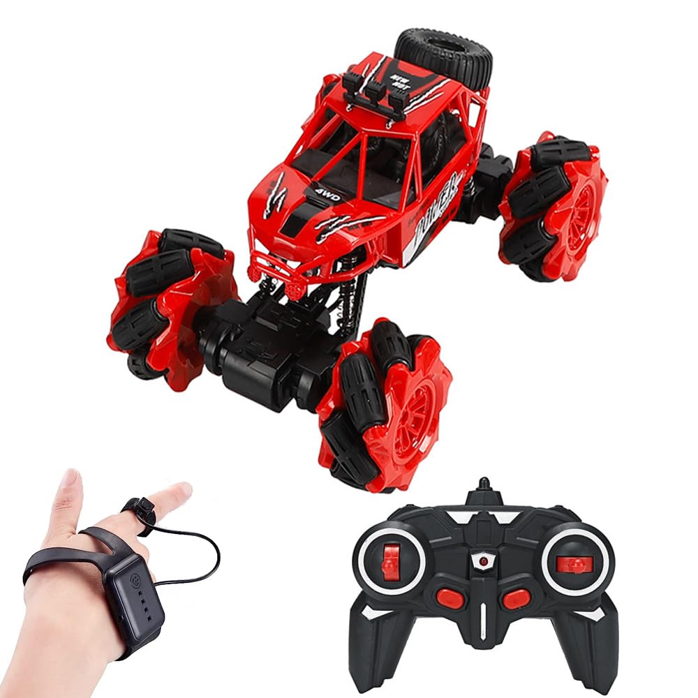 X spring Remote Control Car, 1:16 Scale 4WD Off Road RC Car, 360° Rotating Hand Controlled Monster Truck, 2.4Ghz All Terrains RC Stunt Car with Rechargeable Batteries for Boys Kids and Adults (Red)