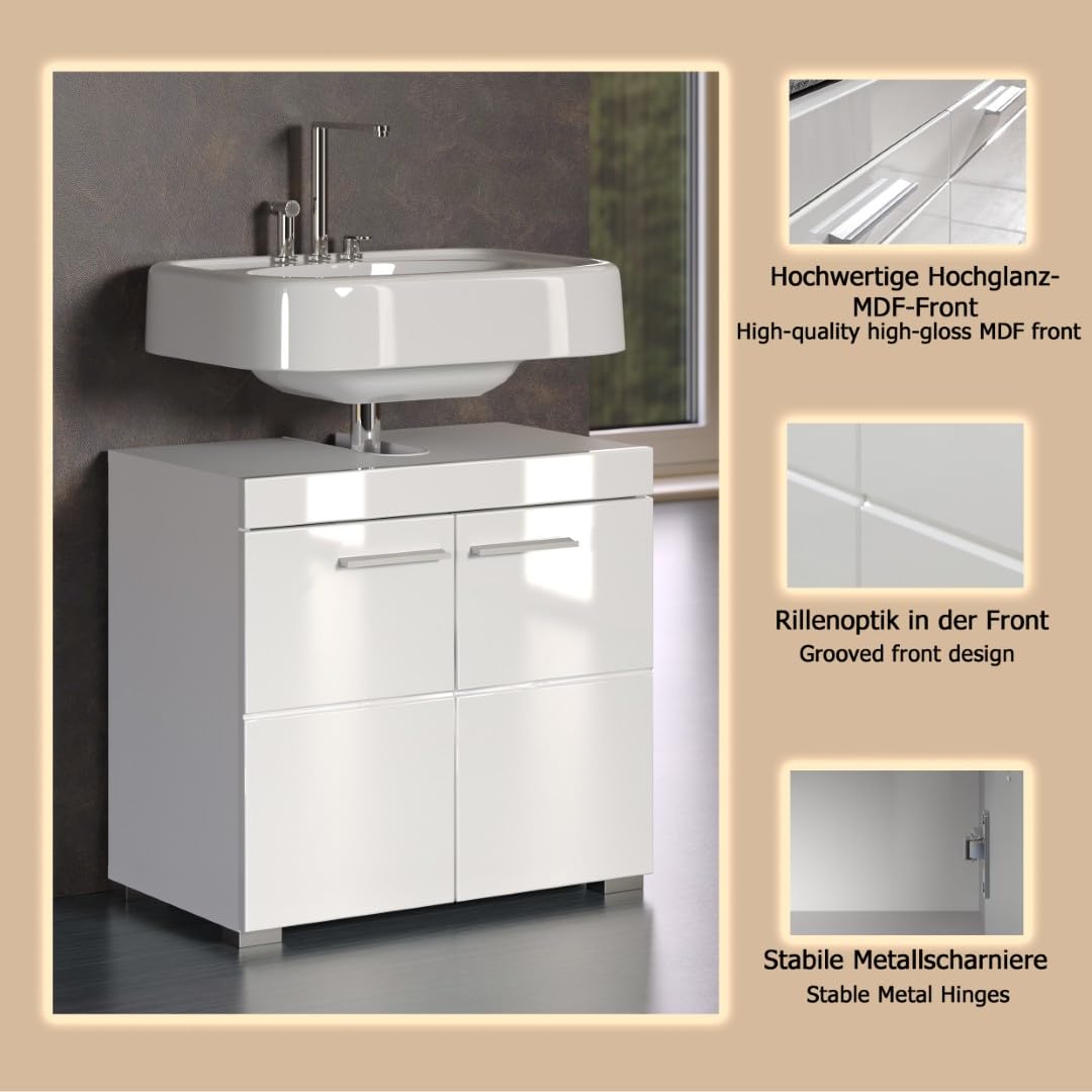 trendteam smart living - Amanda - Waschbeckenunterschrank - Weiß/Weiß Hochglanz - 1 Einlegeboden - (BxHxT) 60 x 56 x 34 cm - Kratzfest