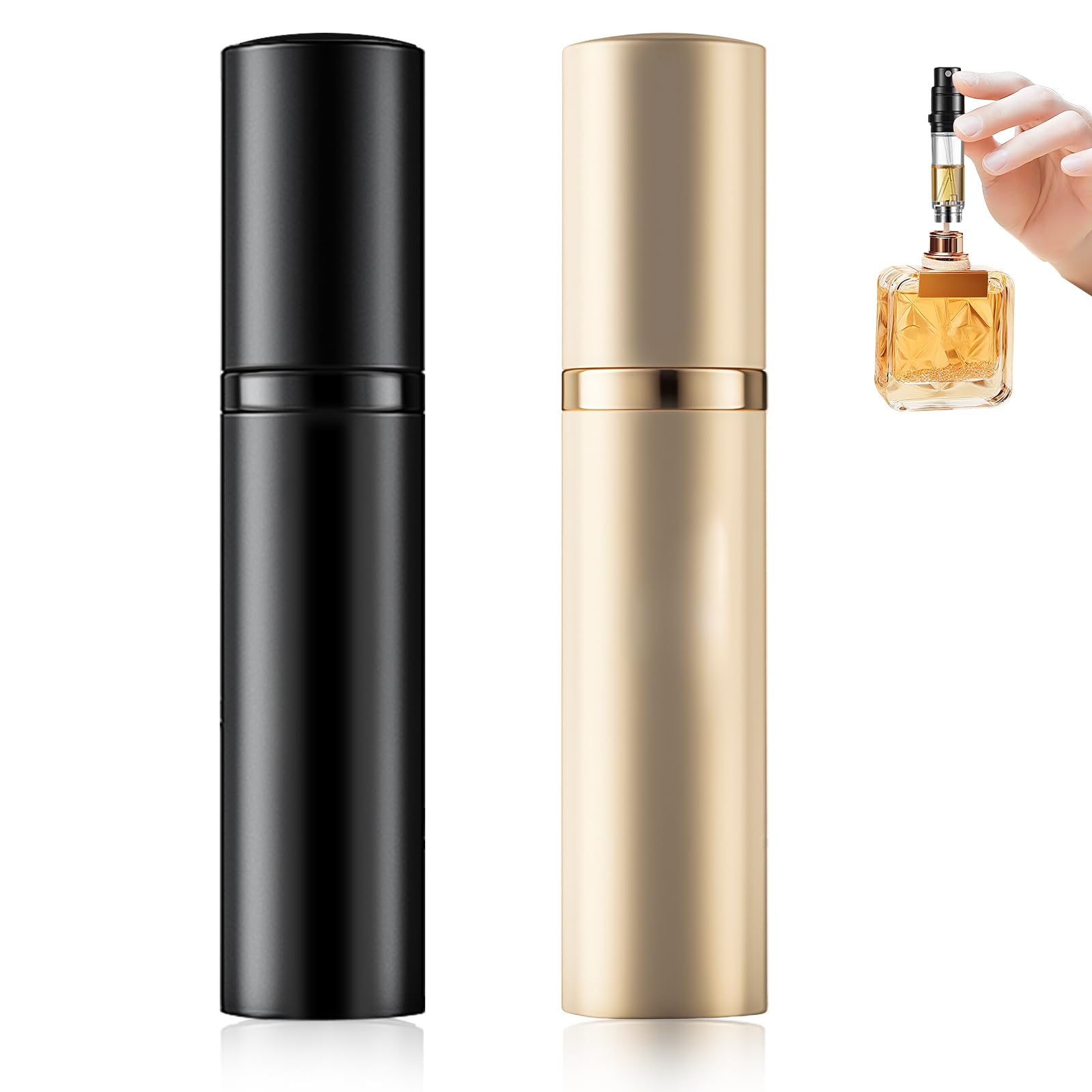 2 Pezzi Atomizzatore di Profumo Ricaricabile, Flacone Spray Mini Portatile 5ml, Vaporizzatore da Viaggio per Borsetta Uomo Donna, Bottiglia Vuota Profumo (Nero + Oro)