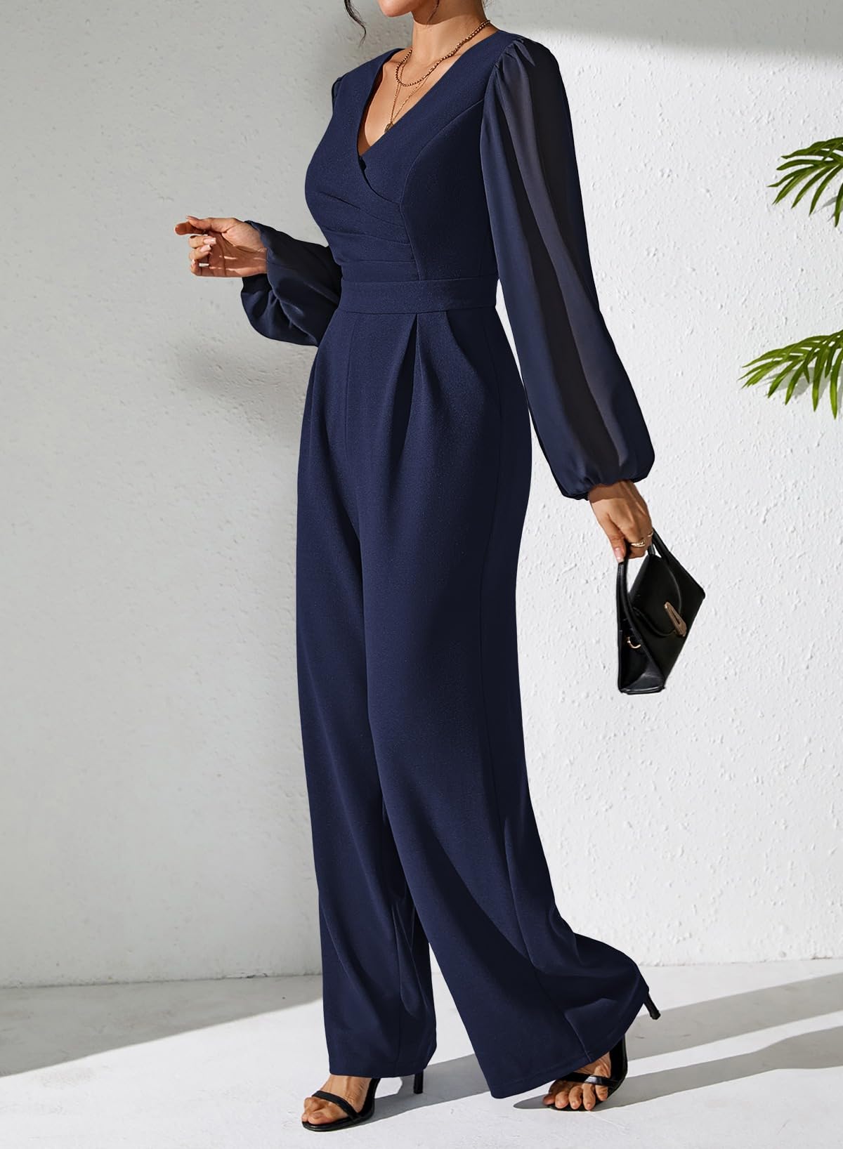 Pink Queen Jumpsuits for Women Dressy Patchwork Chiffon Sleeve V Neck Wide Leg Romper One Piece Trendy Outfits