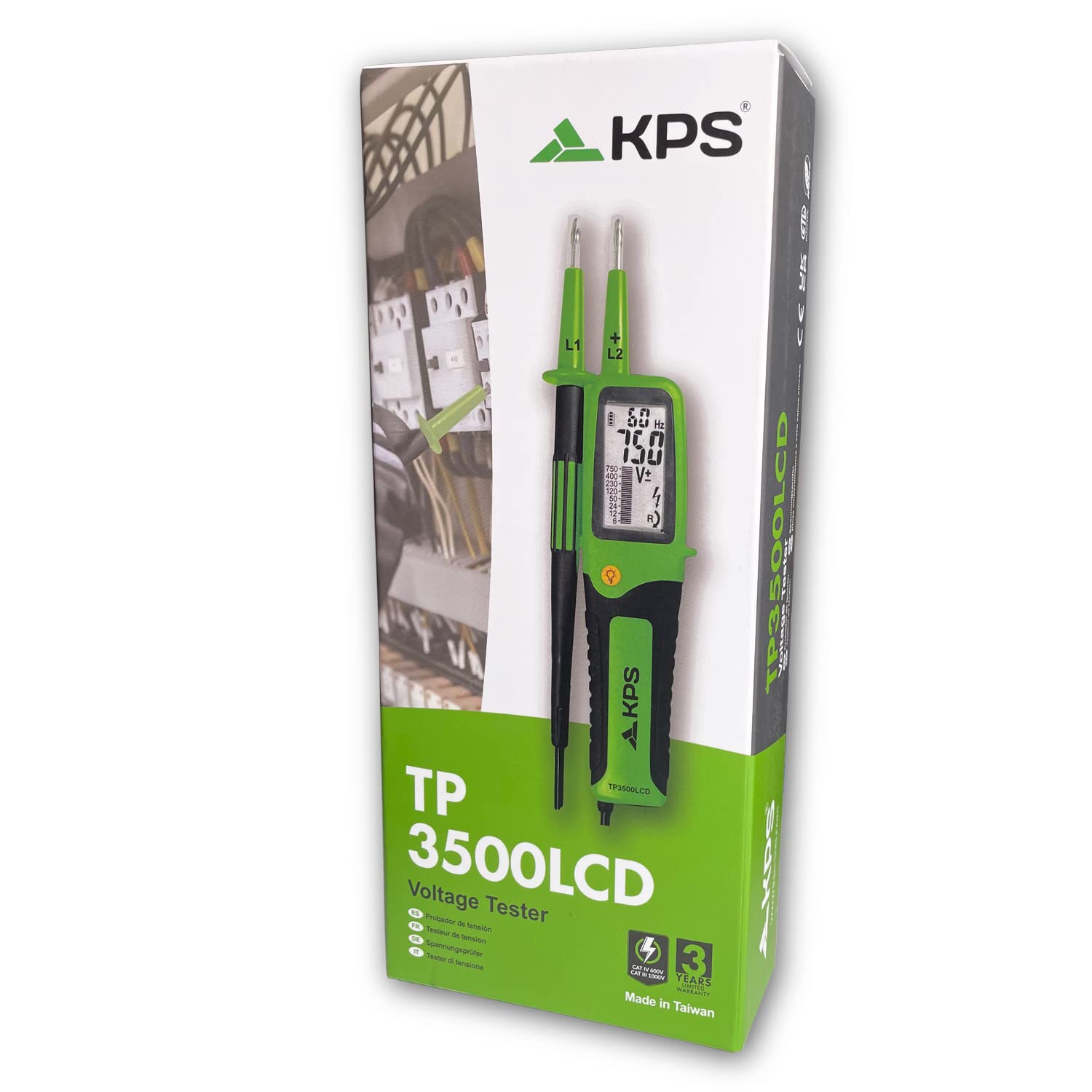 KPS-TP3500LCD Comprobador de Tensión de 2 Polos TRMS Reconocimiento Auto AC/DC 750V con Pantalla LCD Frecuencia Resistencia Continuidad Diodos Comprobación y Secuencia de Fase Activa IP65 CAT.IV