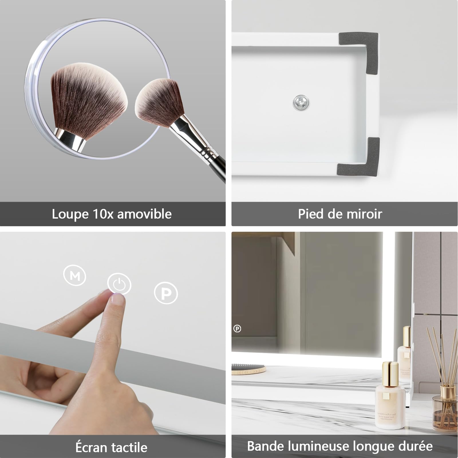 YU YUSING Miroir Coiffeuse de Maquillage LED 58x47 cm, 3 Couleurs, Charge USB, Luminosité Réglable, Miroir Lumineux de Table Cosmétique, Grossissant 10x, Blanc