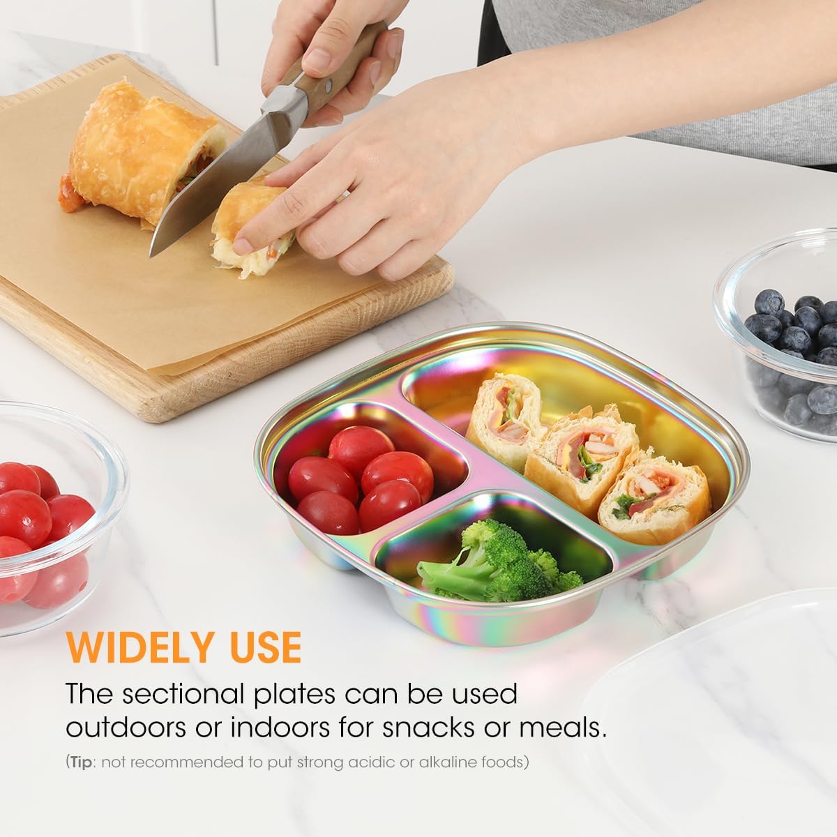 AIEVE Stainless Steel Kids Plates, Pack of 4 Stainless Steel Divided Toddler Plate with Lids