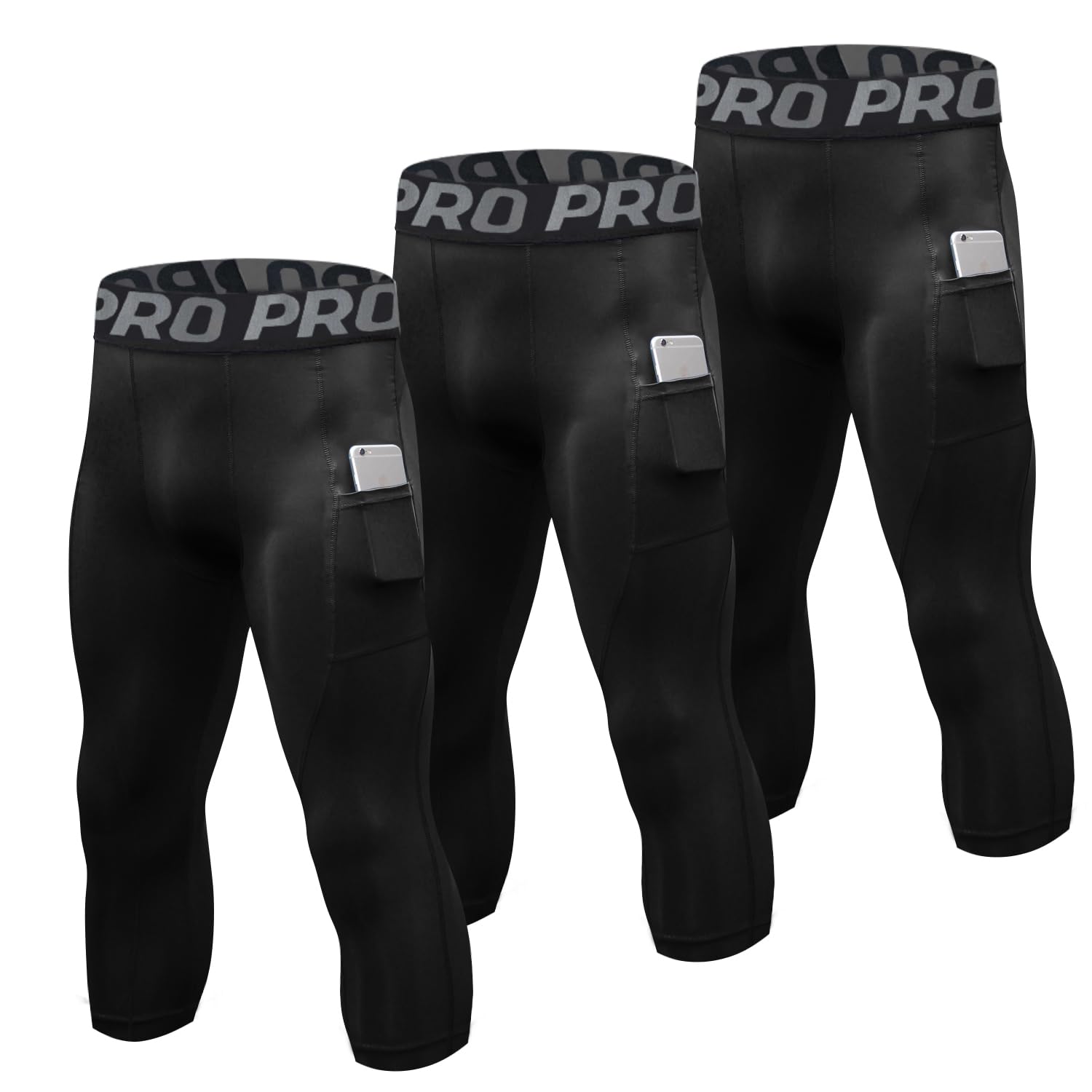 YUSHOW 3 Pack 3/4 Men's Compression Pants Tights Athletic Running Workout Leggings Quick Dry Sports Baselayer