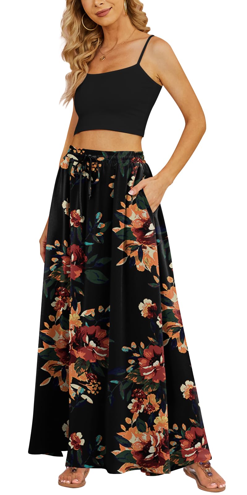 YincroWomen's Flowy Maxi Skirt Summer Pleated High Waisted Casual Long Skirts with Pockets