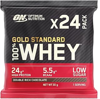 Optimum Nutrition Gold Standard 100% Whey Muscle Building and Recovery Protein Powder With Naturally Occurring Glutamine and BCAA Amino Acids, Double Rich Chocolate Flavour, Pack of 24, 24 x 31g