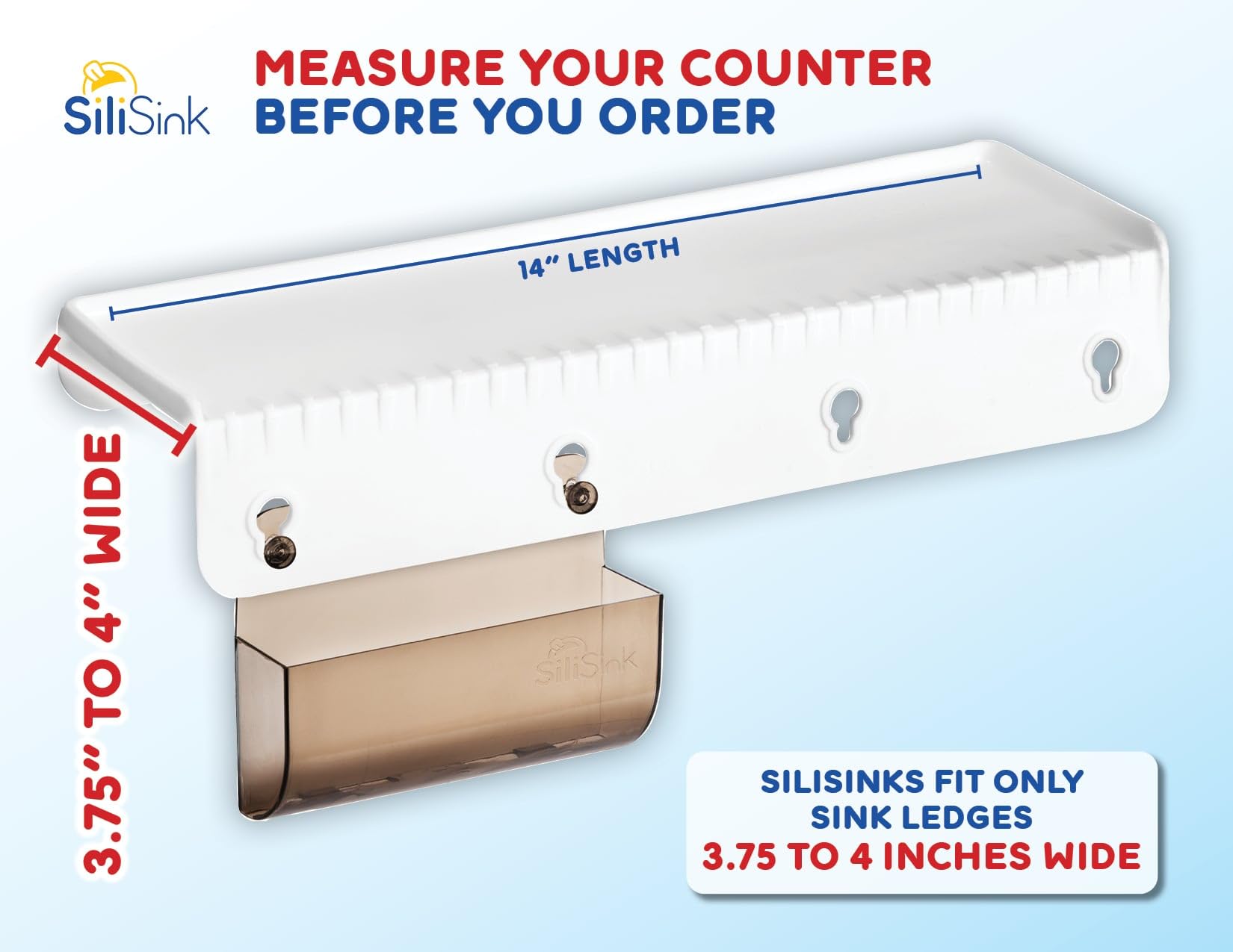 SiliSink - Protector de borde de silicona para fregadero de cocina, se adapta a 9.5 cm - 10.2 cm de ancho, el protector de borde de fregadero de silicona original con organizador de esponja, 14