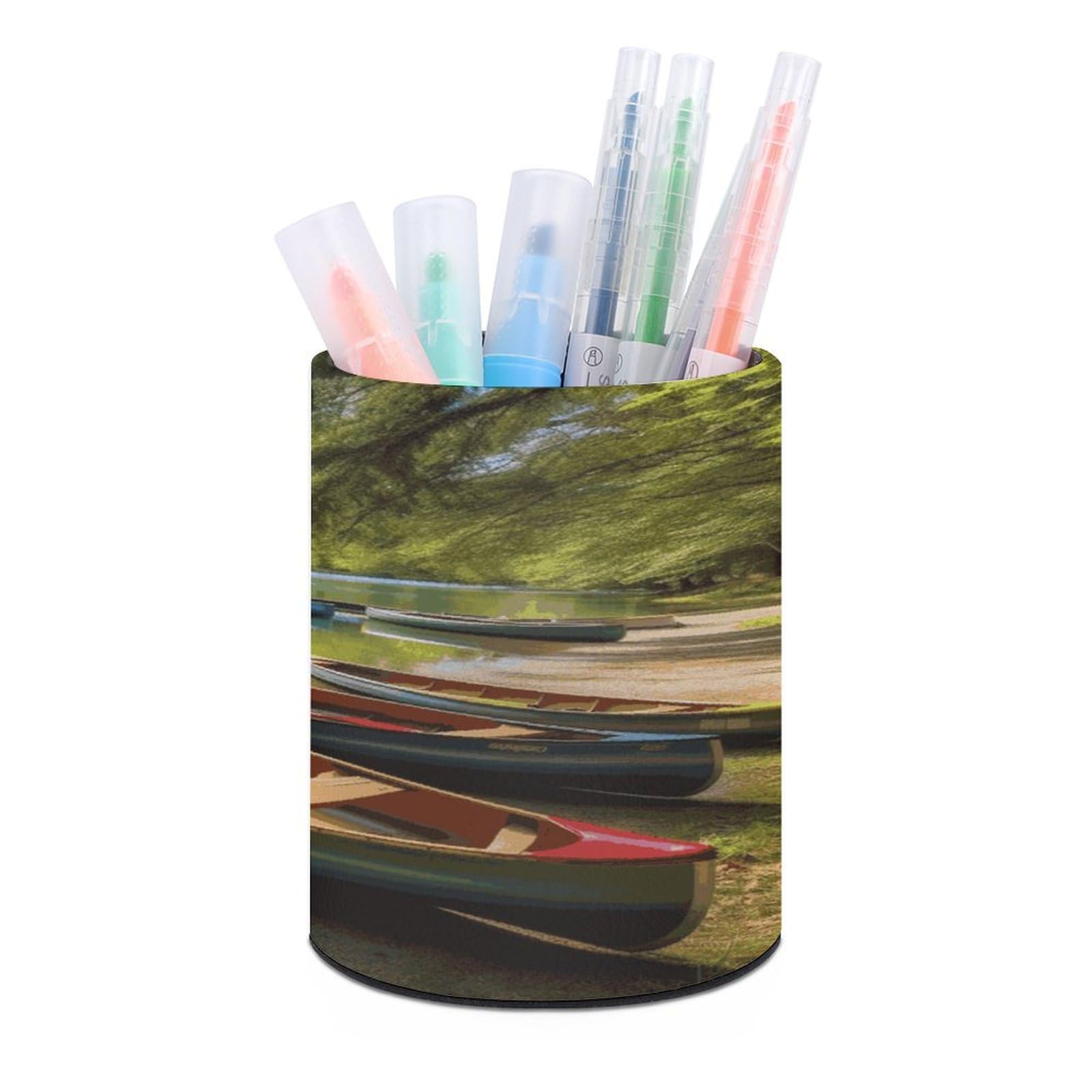 JTREHY Lake with Boats Canoes Park Pen Holder Round Pen Pencil Holder Makeup Brush Holders Cup PU Leather Pencil Cups Desktop Caddy Stationery Organizer Case Office Accessories Container Box
