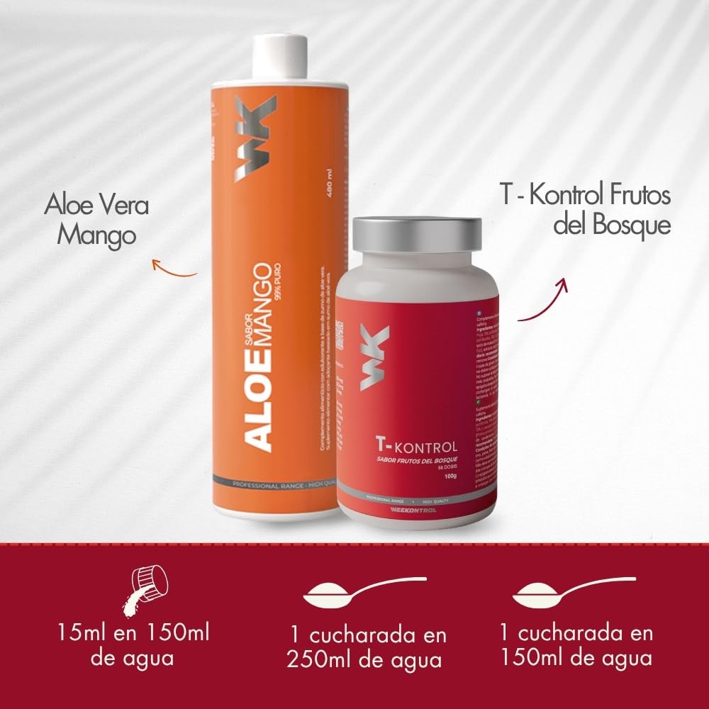 Weekontrol Pack Depurativo de Aloe Vera Puro para Beber 99%+Té Quemagrasas Potente. Set Depurativo Alóe+Te Detox, Limpieza, Digestión y Control de Peso (700Gr, Aloe Mango-Té Frutos del Bosque)