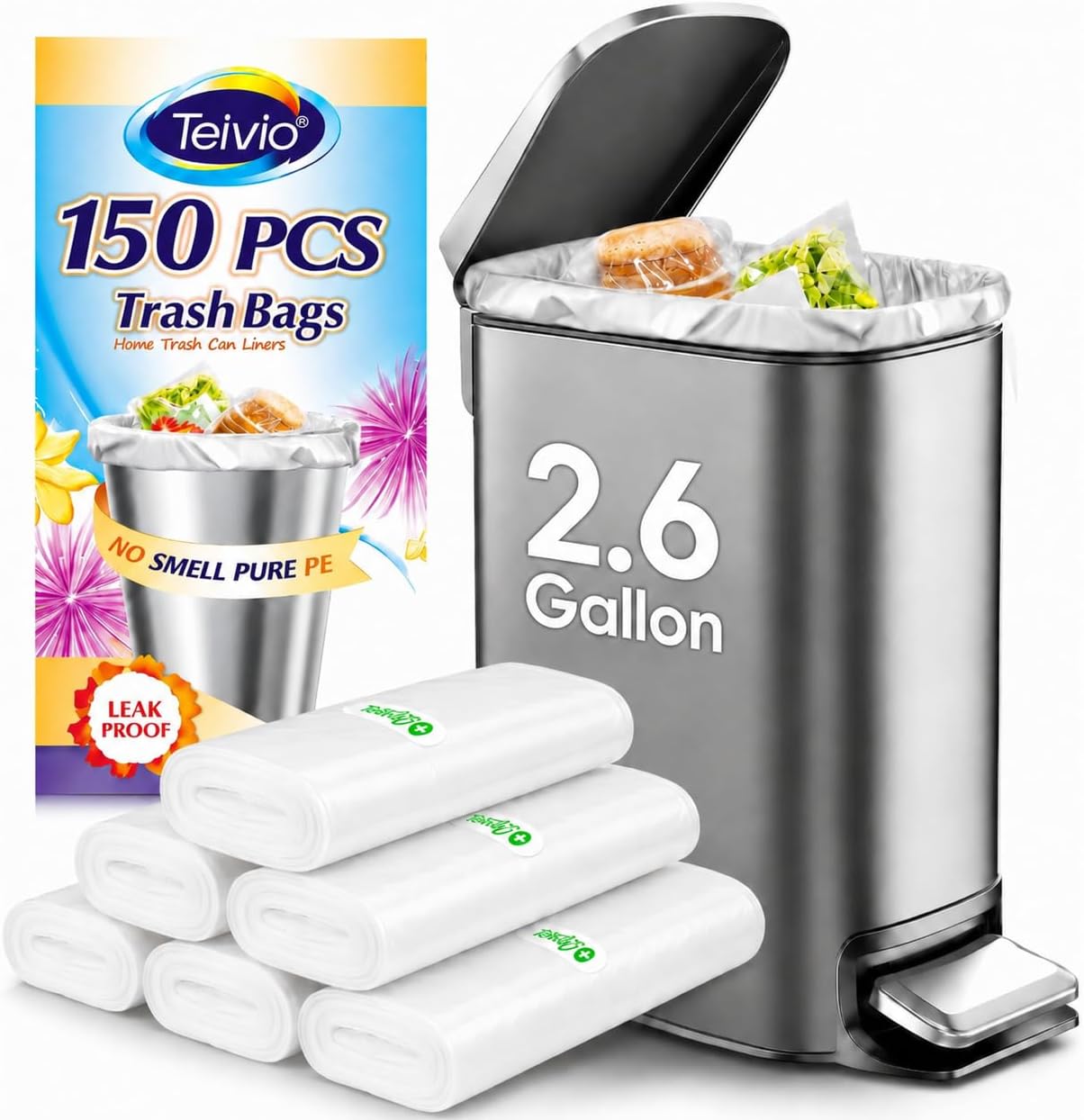 2.6 Gallon 150 Counts Small Trash Bags Garbage Bags by Teivio, Bathroom Trash Can Bin Liners, Small Plastic Bags for home office kitchen, Clear