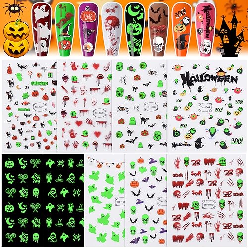 Kalolary Halloween Luminous Nail Art Stickers 9PCS Halloween Pattern Fluorescent Glow in The Dark Nail Stickers Self-Adhesive Bat Pumpkin Ghost Spider Skull Nail Art Decoration Design Supplies (B)