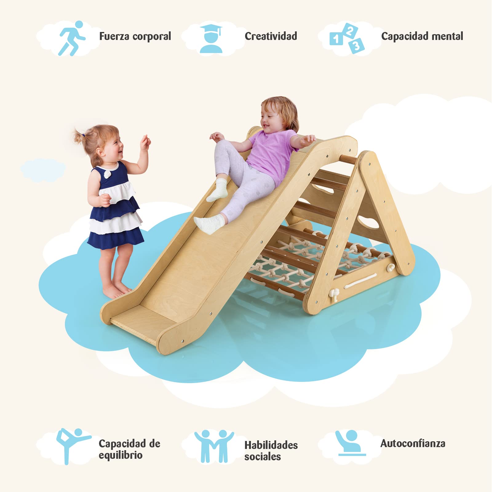 COSTWAY 4 en 1 Triángulo de Escalada para Niños, Escalador Triangular con Tablero Deslizante, Juego de Escalada de Madera para Interior con Red de Escalada para Hogar(Natural)