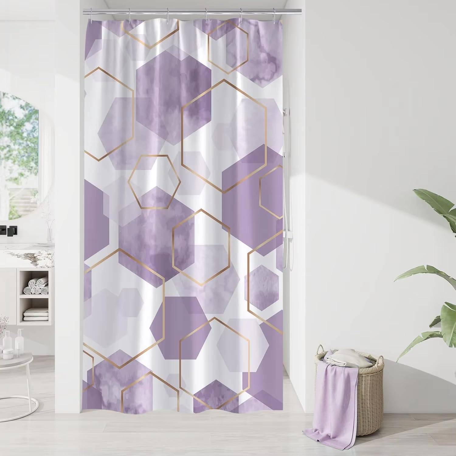KELAIMI Geometric Shower Curtains,Gold Geometric Modern Luxury Polyester Bathroom Curtain - Waterproof Fabric Bathtub Curtain with Hooks Light Purple 200X240Cm