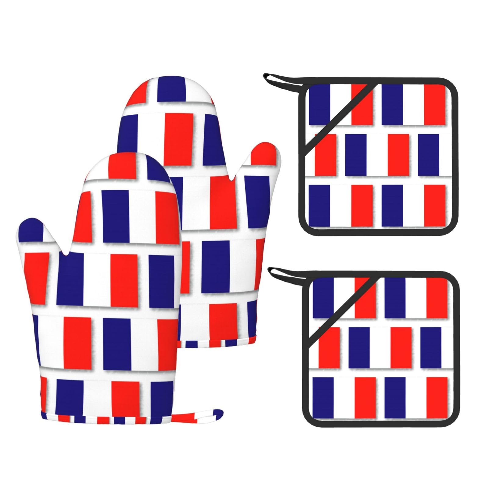 French Flag Printed Kitchen Set with Heat Resistant Oven Gloves & Non-Slip Pot Holders for Daily Cooking