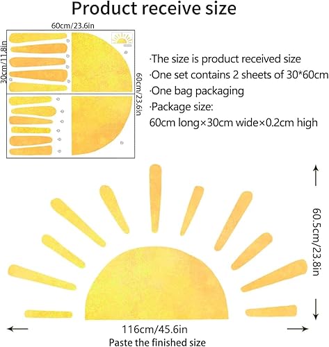 Miniatura 6 de 45.6 x 23.8 pulgadas, diseño bohemio de medio sol, calcomanías de pared removibles para pared, vinilo para despegar y pegar, calcomanías de medio