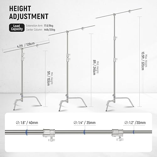 Miniatura 44 de NEEWER Soporte profesional en C resistente de acero inoxidable 100% con brazo de pluma, altura máxima de 10.5 pies, soporte de luz para fotografía
