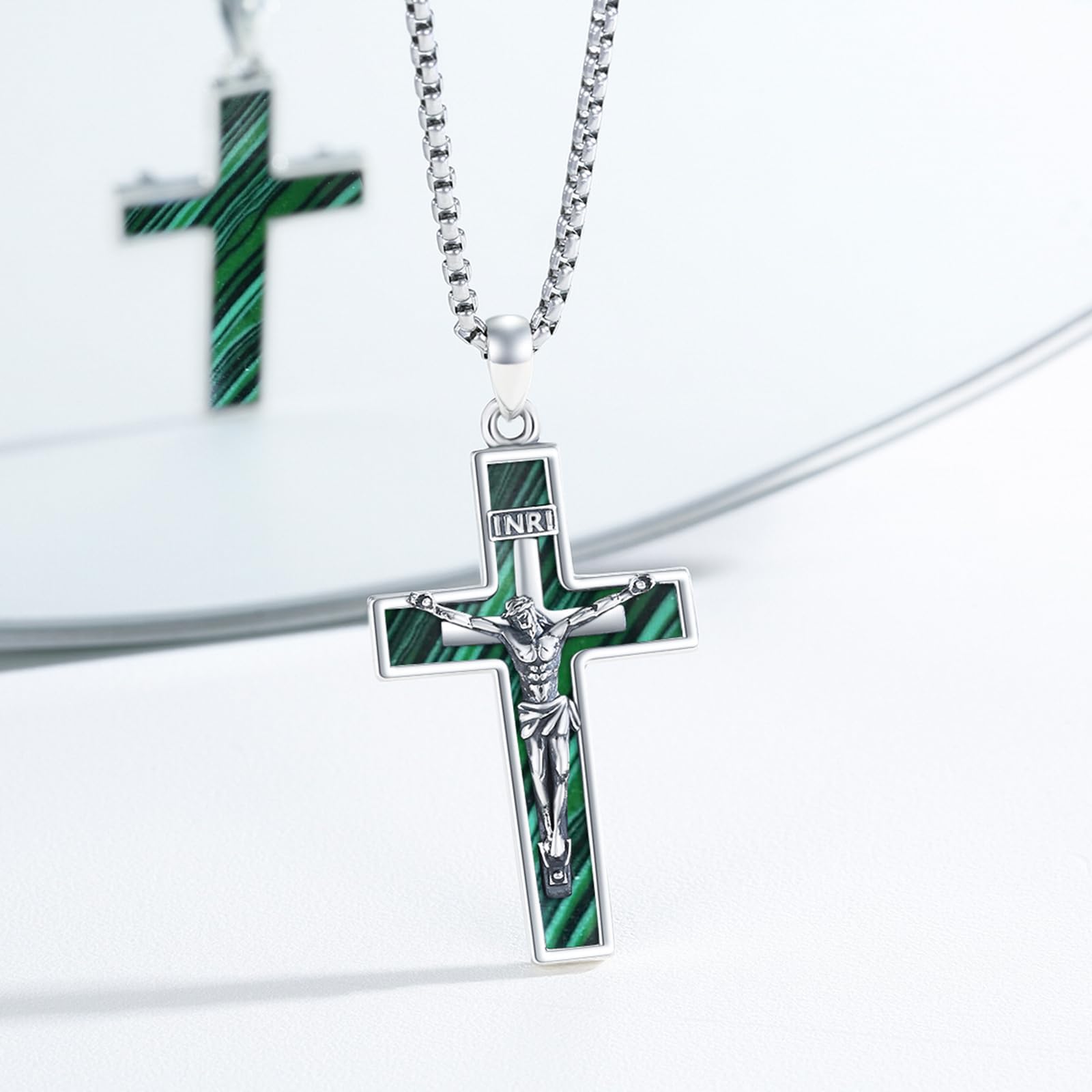 OHAYOO Cadena de cruz para hombre – Crucifijo de plata 925 colgante con abulón/turquesa/malaquita/lapislázuli y cadena de acero inoxidable – Cadena de plata cristiana para hombres