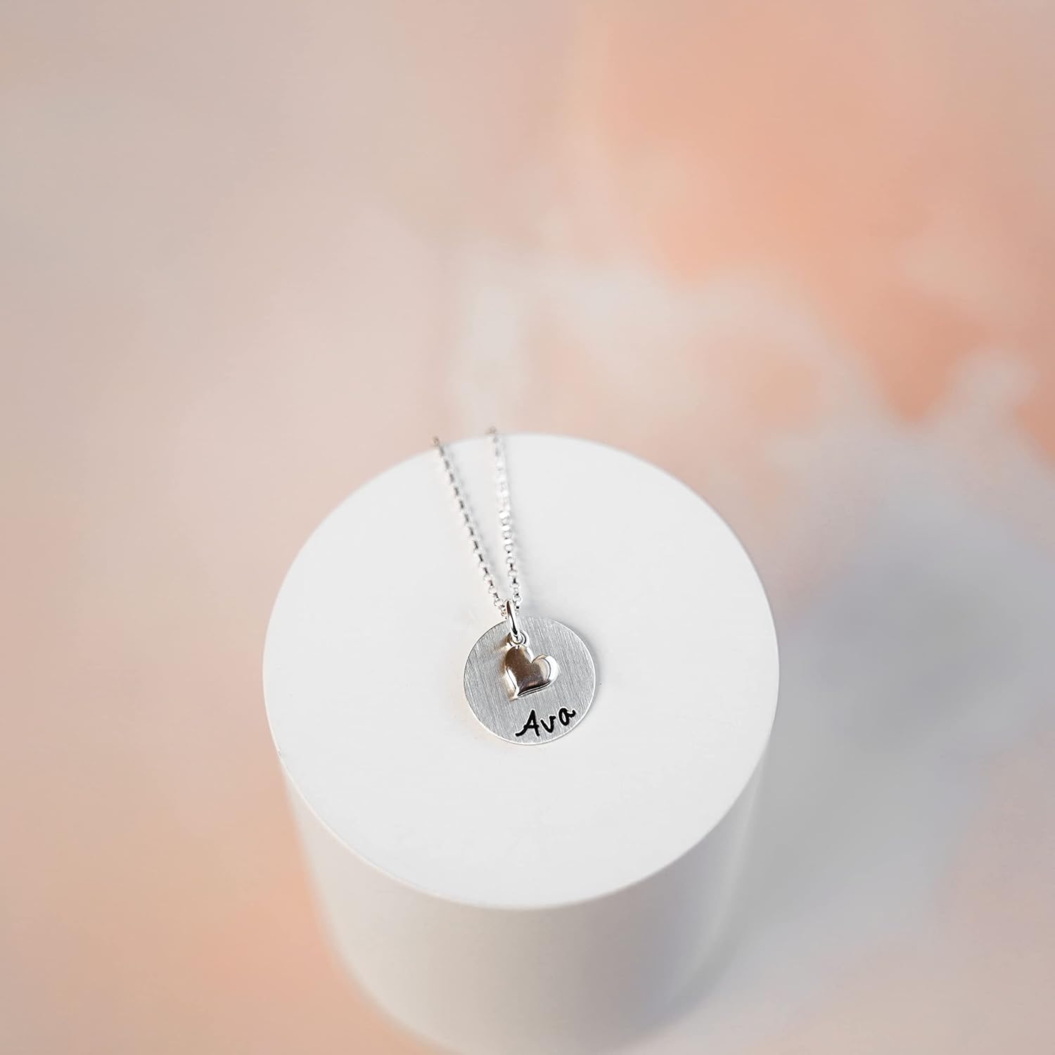 My Little Heart Personalized Sterling Silver Necklace, Customize 1 Round Sterling Silver Disc with a Name of your choice, Matte Finish, Choice of 925 Chain, Gifts for Her, Mom, Girlfriend, Wife