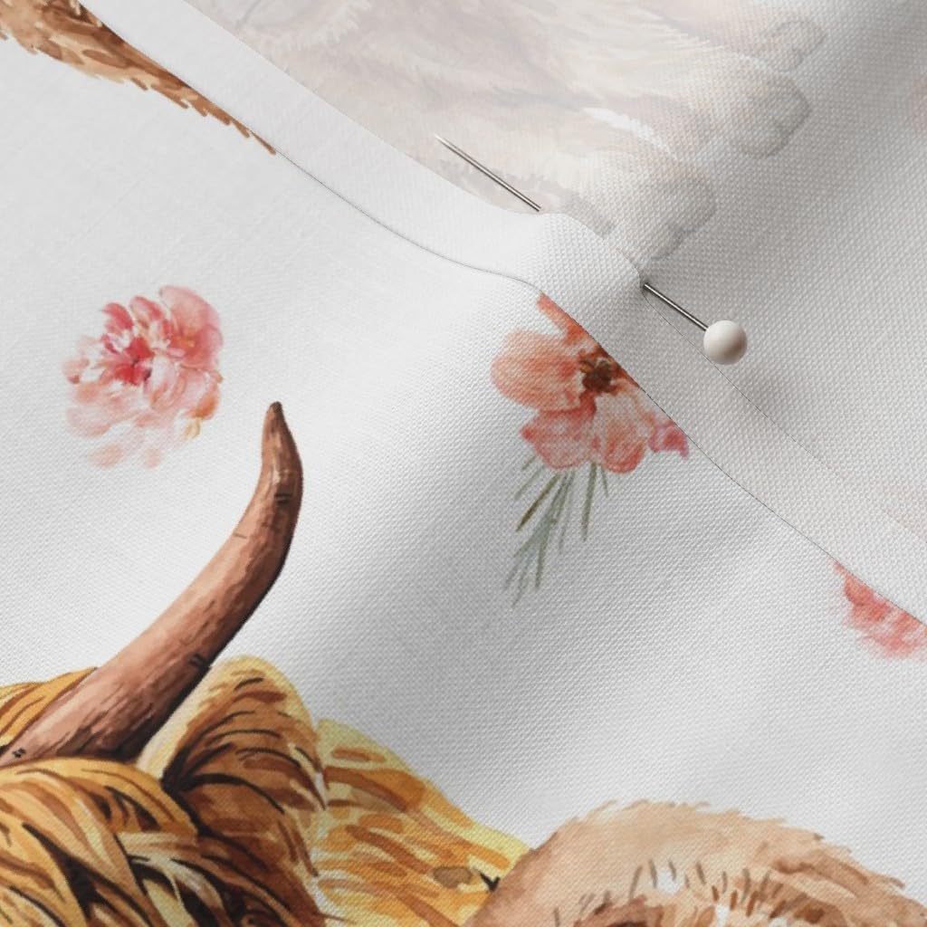 Spoonflower Fabric - Floral Highland Cow Scottish Cattle Spring Flowers Baby Nursery Pink Printed on Petal Cotton Fabric by The Yard - Sewing Quilting Apparel Crafts Decor