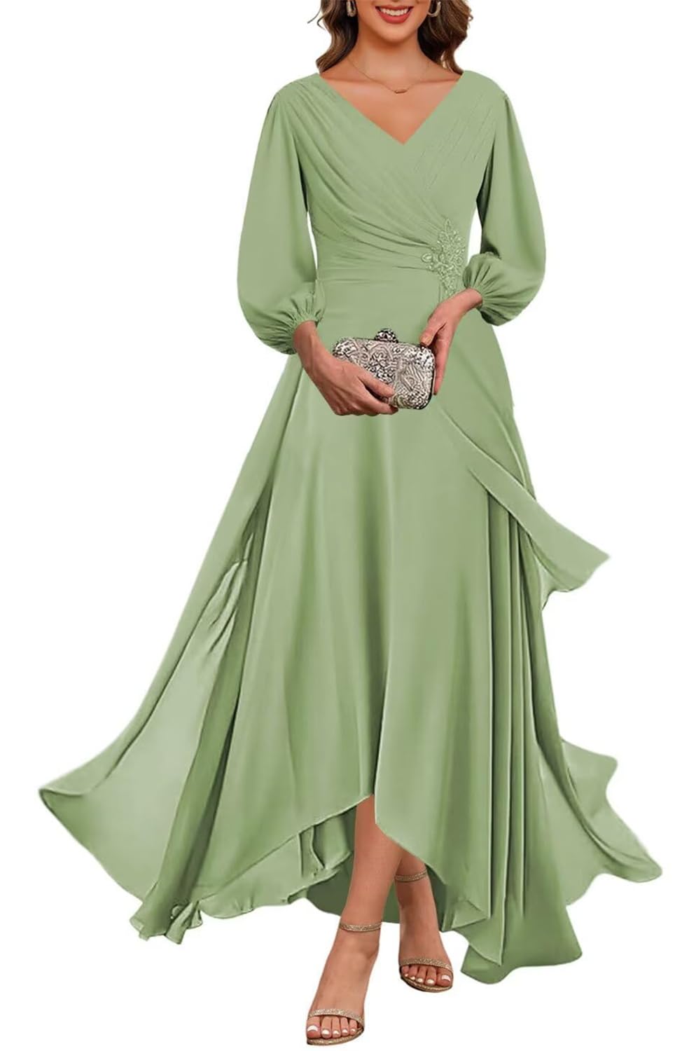 KIYNE Chiffon Long Mother of the Bride Dresses with Sleeves Dusty Sage Floor Length Formal Mother of the Groom Dress UK18