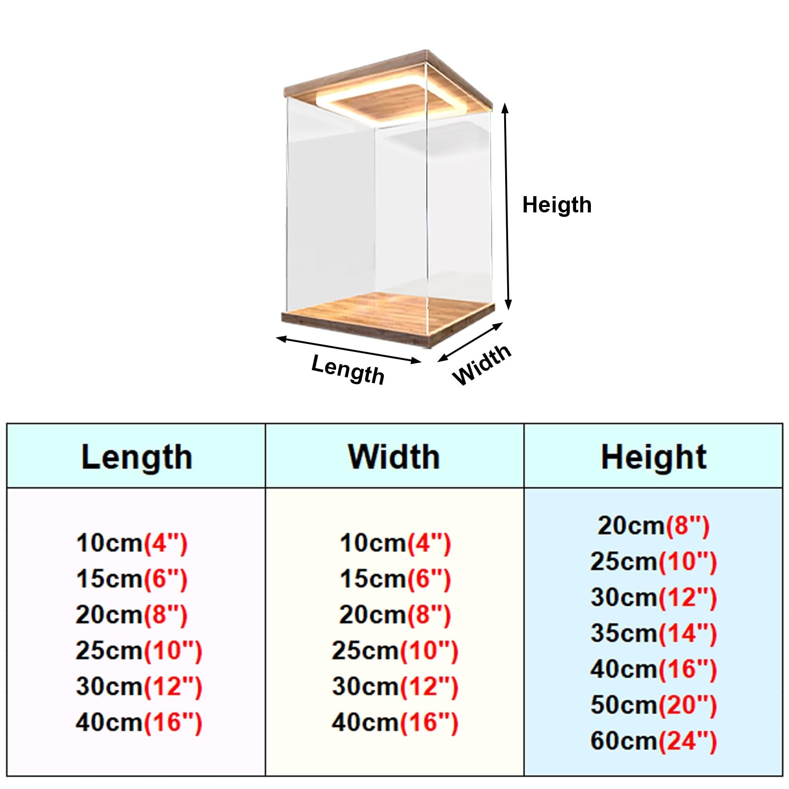 Kunovo Akrylowa witryna podświetlana akrylowa gablota dla lalek, 35 cm, 40 cm, 45 cm, 50 cm, 56 cm, 61 cm, wysoka, ekspozycja na blat, przezroczyste, pyłoszczelne, ochronne pudełko do przechowywania