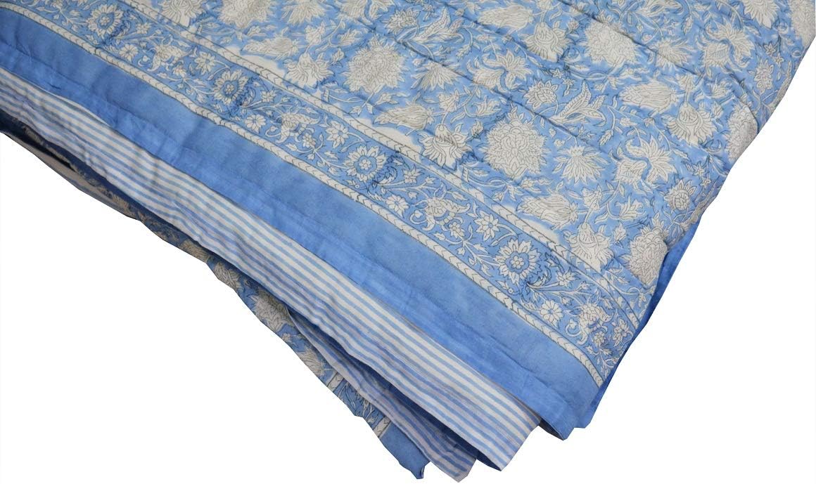 Hand Block Floral Print Indian Handmade Queen Size Light Weight in Side Doctor Cotton Reversible Razai Quilt Throw Ethnic Coverlet Blanket