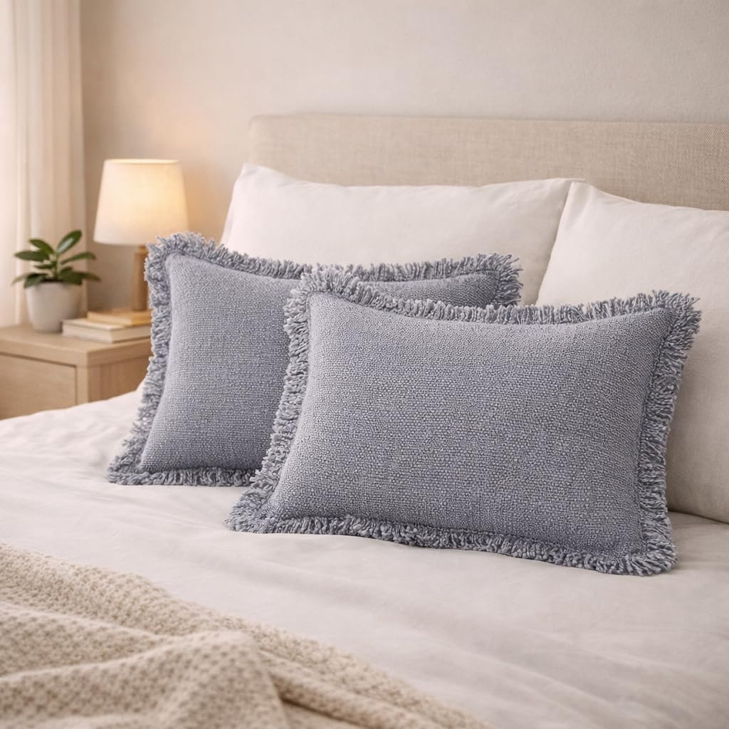 Pillow Covers Set of 2 – Decorative Self Fringes Throw Pillow Cases –14x20 Inch 90% Cotton,10% Linen Cushion Covers for Sofa, Couch, Bedroom, Living Room Décor – Grey Decorative Pillow Covers