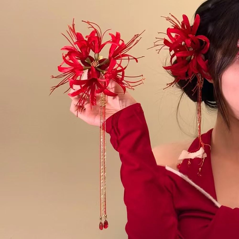 Red Spider Lily Flower Hair Clips for Women Tassel Flower Clips for Hair Accessories Lycoris Radiata Floral Hairclip Duckbill Clip Cute Decorative Barrettes for Women Side Hairclips