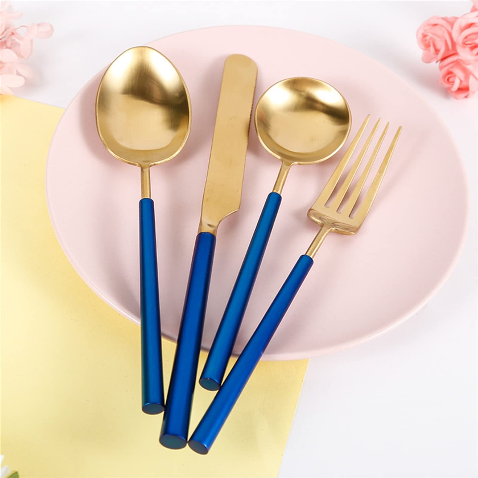 Bestecksets Blau Gold Besteck Geschirr Messer Löffel und Gabel Set Abendessen Küchengeräte Sets Edelstahl Tischservice Zero Waste