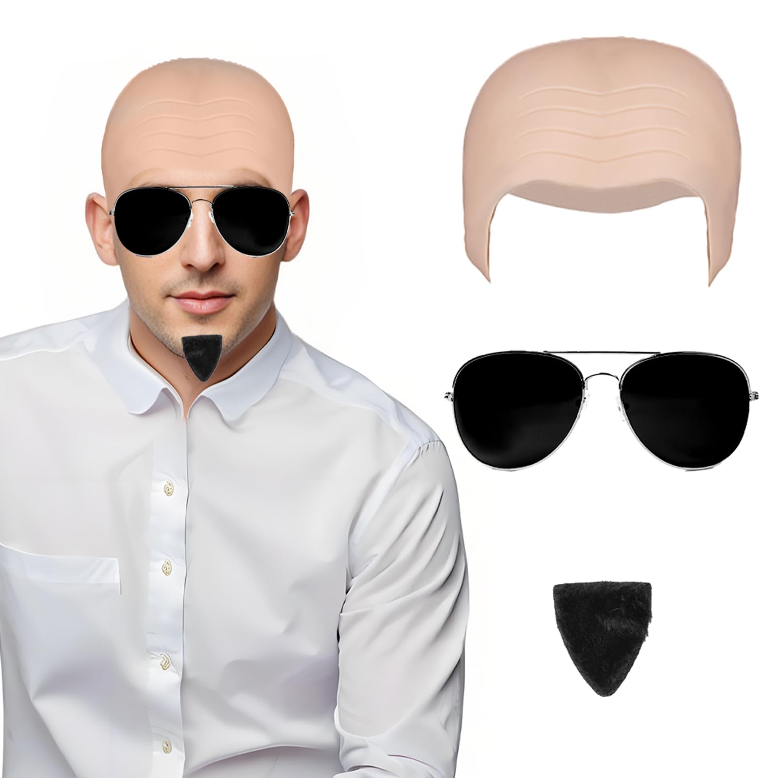 Morticia 5pcs Bald Cap with Hair Cap Fake Beard Golden Edge Sunglasses for Adults Halloween Costumes Rap and Hip-hop Style for Men Women Cosplay Makeup Party (CO-3pcs)