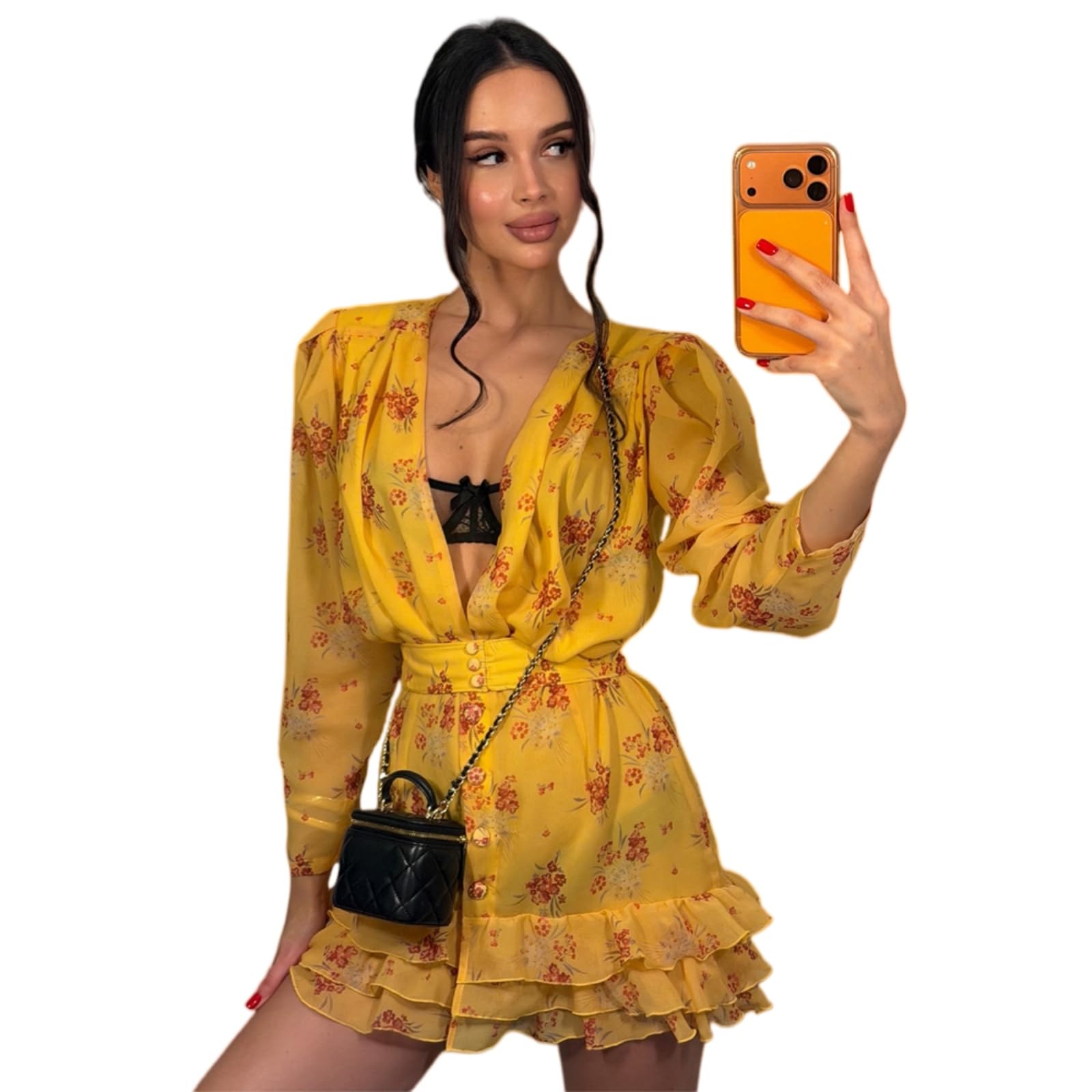 Vestito Floral Mini Abito Donne V Collo Ruffle Puff Manica da Festa-Printed 06-s
