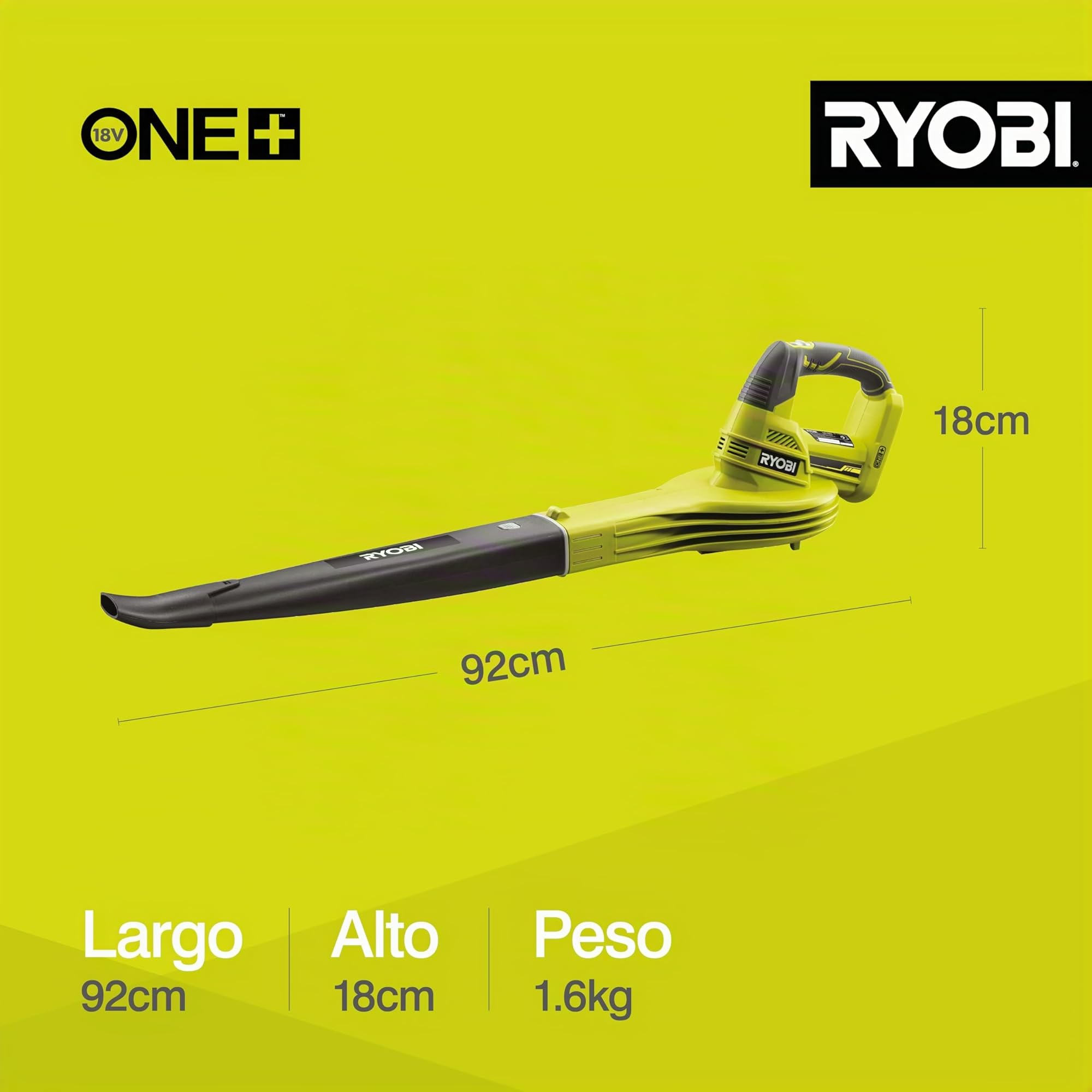 RYOBI Soplador Inalámbrico 18V One+ 245 km/h – Limpieza de Jardines, Terrazas y Caminos – (Sin batería ni Cargador)