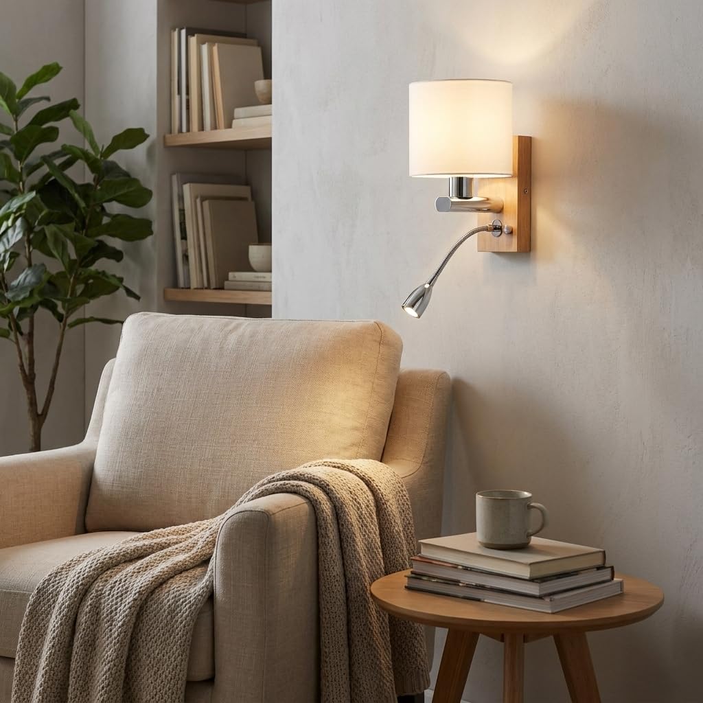 Barcelona LED Wandleuchte „Arti“ mit LED Leselicht 3W, Flexarm, E27 Fassung, Holz & Opalglas, Warmweiß 2700K, Moderne Nordische Bettlampe für Schlafzimmer, Hotel Leseecke
