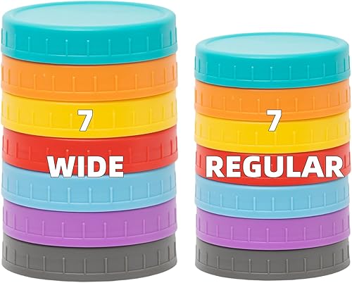 Bedgeta Paquete de 14 tapas de plástico para tarros de masón, 7 de boca ancha y 7 tapas de tarro de boca regular con anillos de silicona, tapas Bedgeta Paquete de 14 tapas de plástico para tarros de masón, 7 de boca ancha y 7 tapas de tarro de boca regular con anillos de silicona, tapas