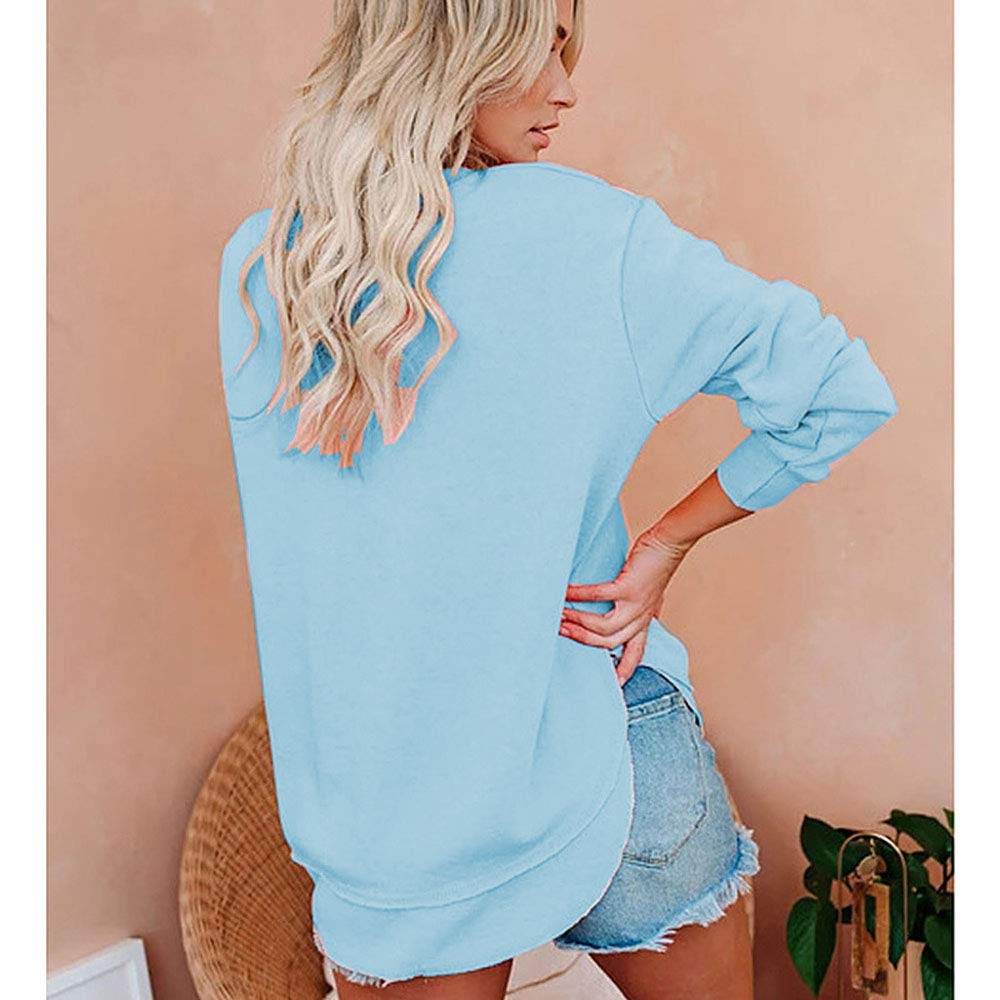 Damskie bluzy podstawowe z odkrytymi ramionami długie rękawy lekka bluzka z okrągłym dekoltem topy gładka tunika z rozcięciem boczny top, NIEBIESKI, XL