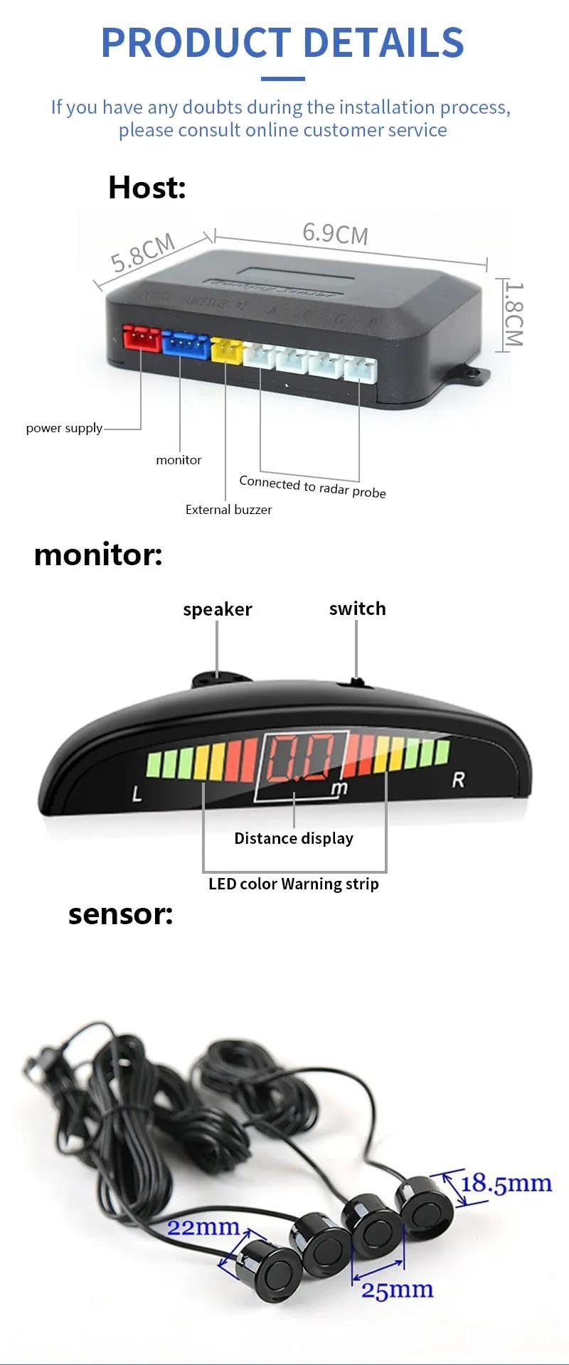 Sensores De Aparcamiento Kit Sensor Estacionamiento Digital Pantalla Retroiluminada Interruptor 4 Sensores Detector Radar Marcha Atrás 22 Mm Radar Sensores(Blanco)