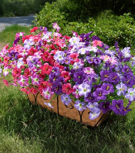 Artificial Flowers for Outdoors Fake Plants Outside Decoration 20 Bundles Silk Petunia with Eucalyptus UV Resistant Realistic Faux Flowers for Outdoor Planters Garden Balcony Yard Porch Patio Mix